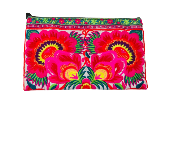 Hmong Bold Flowers Large Clutch White