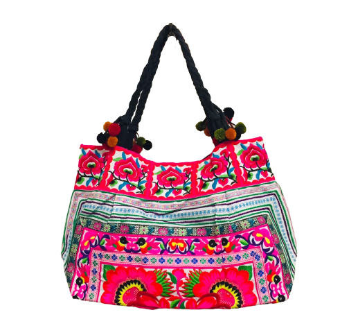Hmong Tote Bold Flowers White