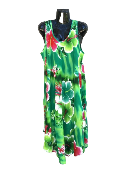 Colourful Hibiscus Umbrella Dress Green
